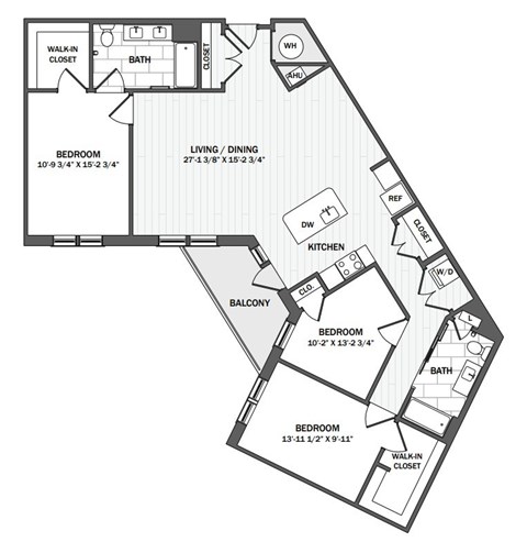 Floor plan for 3 beds, 2 baths, 1464 sqft